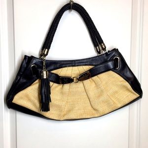 Cole Haan Black Leather Straw Handbag Silver hardware